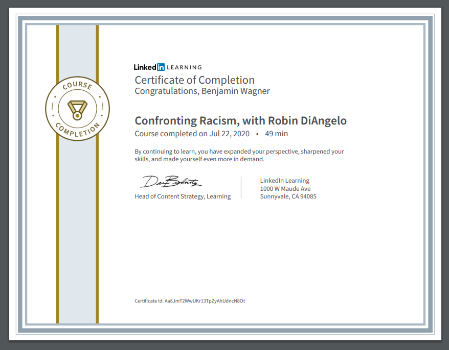 A LinkedIn Learning certificate for Confronting Racism