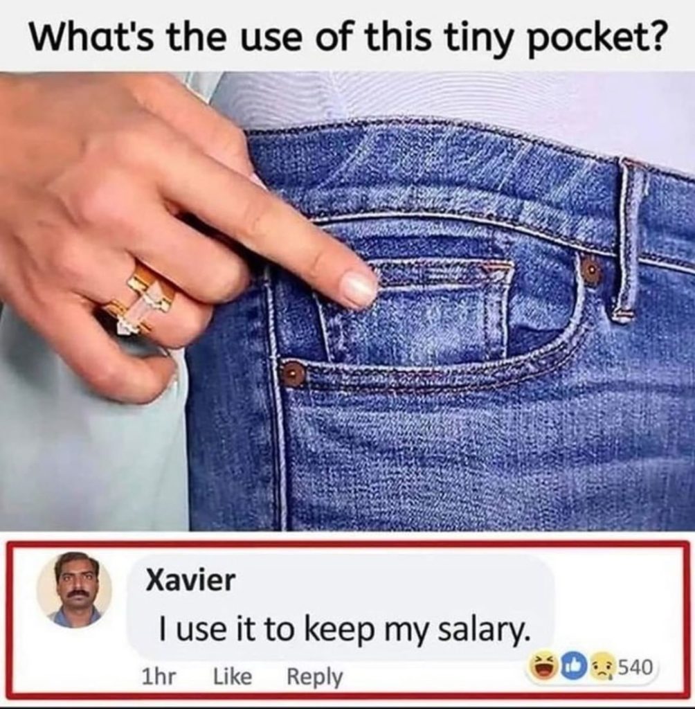 meme - little jeans pocket is for salary, hate work