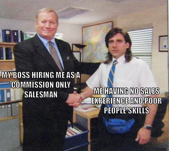 michael scott shakes a hand after getting a sales job